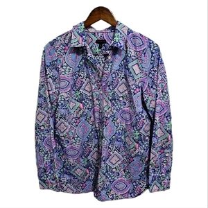 Talbots paisley damask print button long sleeve pink blue green top size medium